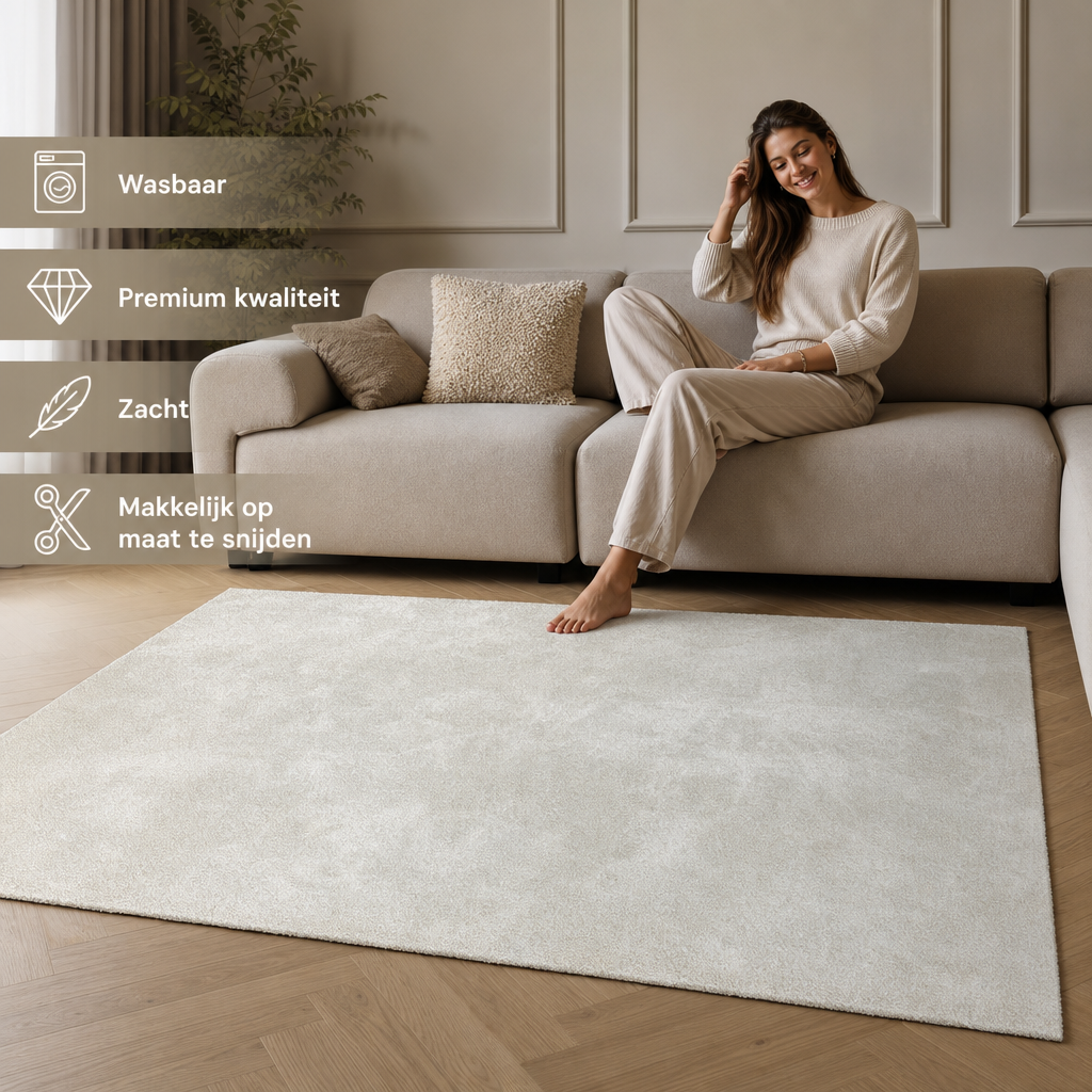 Comfy Soft - Effen Vloerkleed Wasbaar Uni Beige Creme