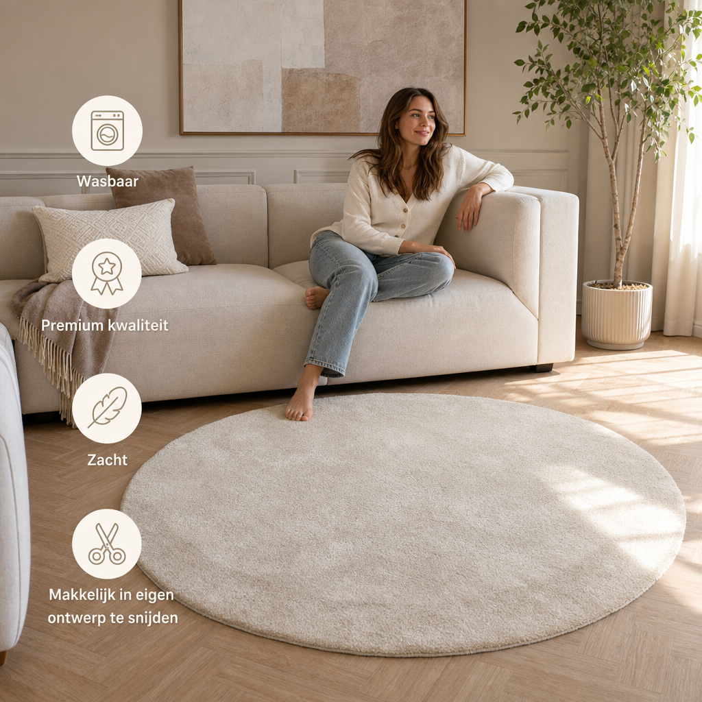 Comfy Soft - Rond Effen Vloerkleed Wasbaar Uni Beige