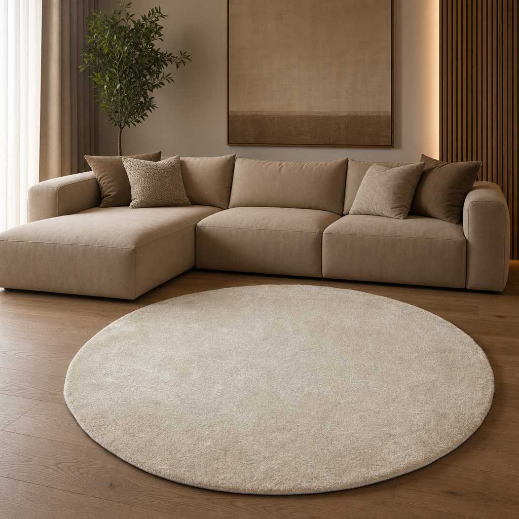 Comfy Soft - Rond Effen Vloerkleed Wasbaar Uni Beige