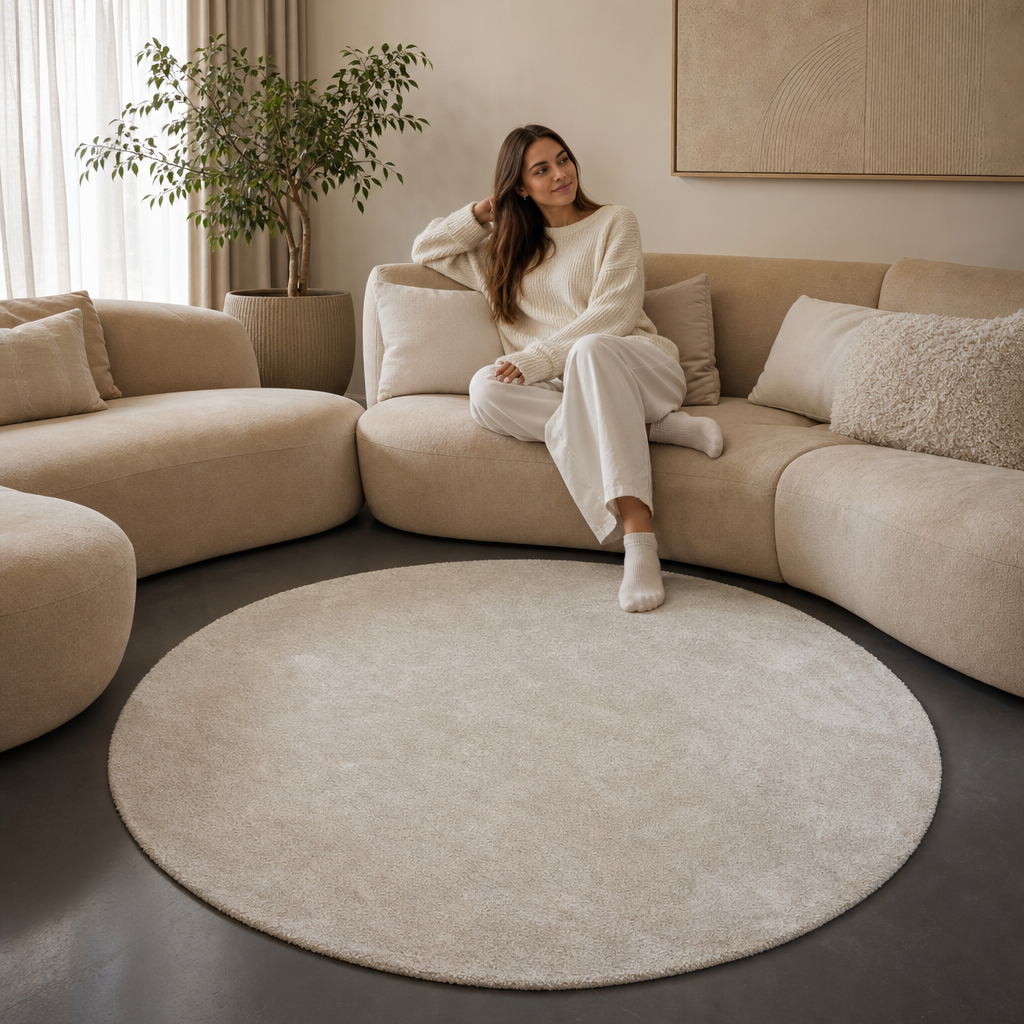 Comfy Soft - Rond Effen Vloerkleed Wasbaar Uni Beige
