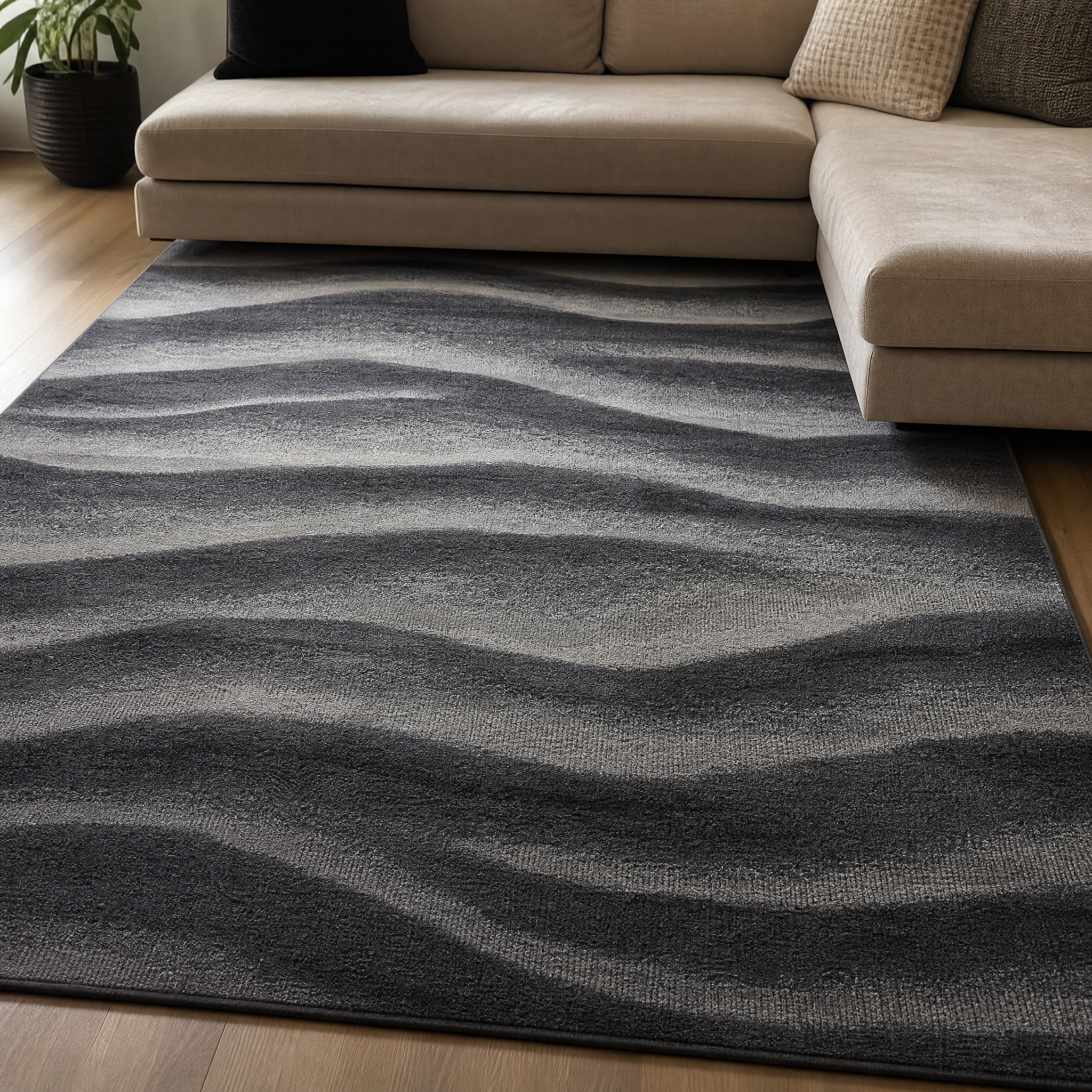 Waves Modern Vloerkleed Zwart Grijs