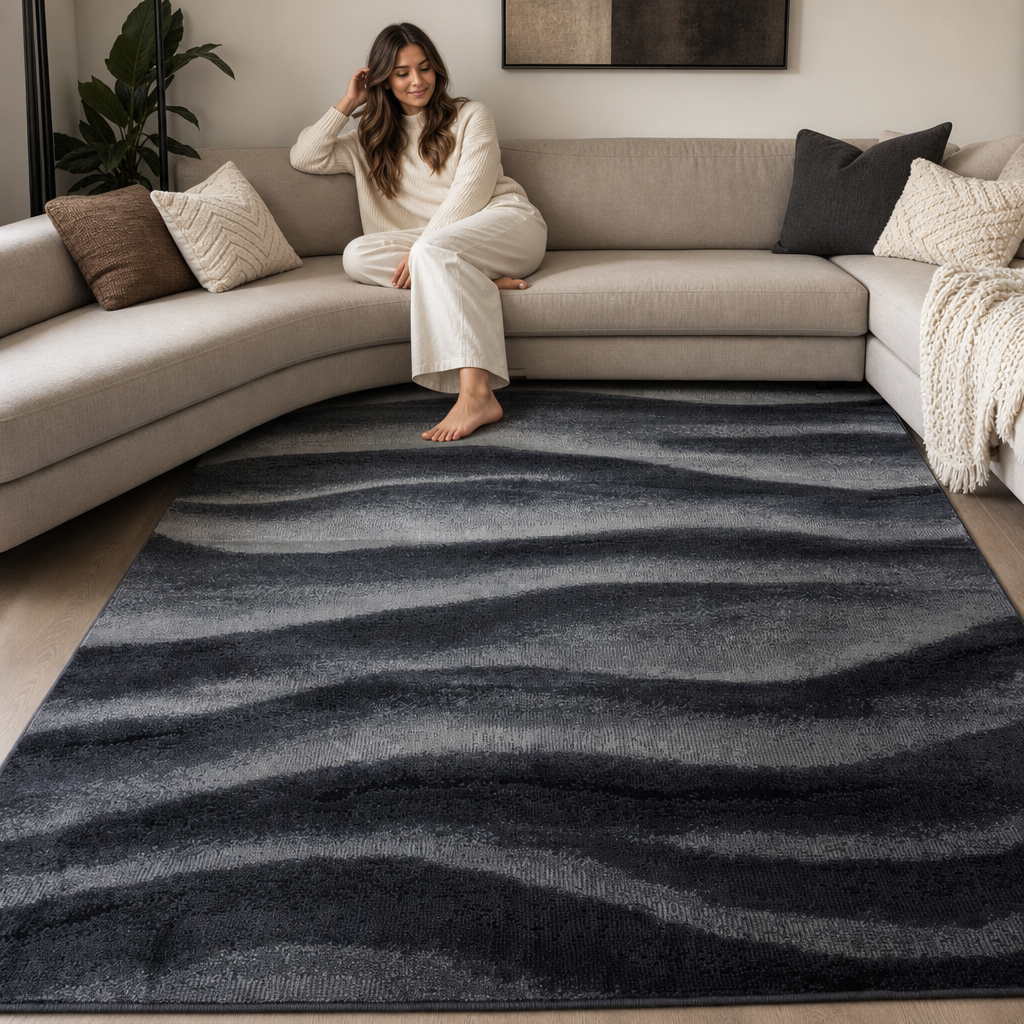Waves Modern Vloerkleed Zwart Grijs
