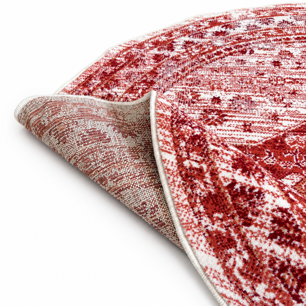 Vintage Rond Vloerkleed Creme Rood Terracotta