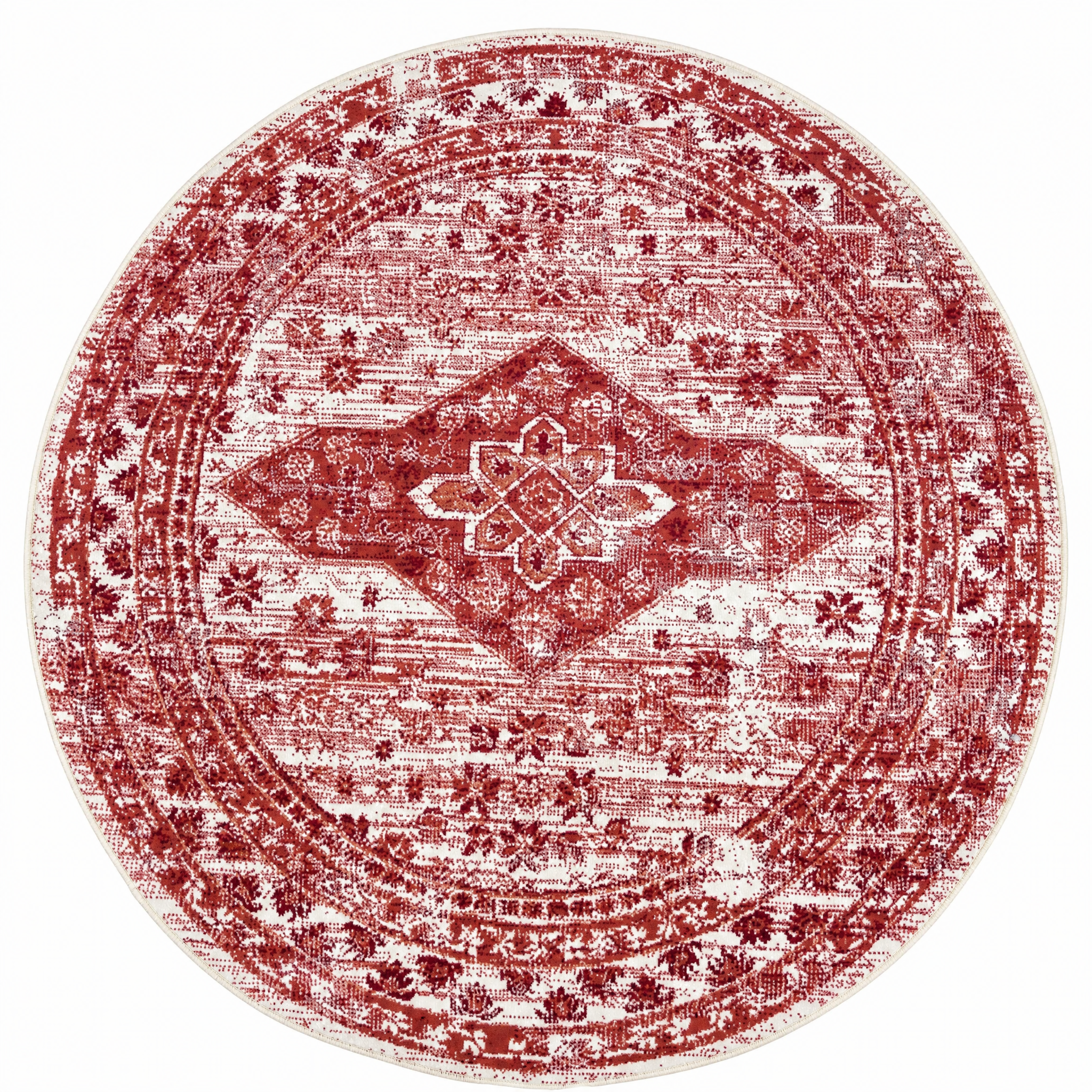 Vintage Rond Vloerkleed Creme Rood Terracotta