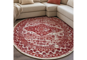 Vintage Rond Vloerkleed Creme Rood Terracotta