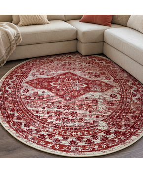 Vintage Rond Vloerkleed Creme Rood Terracotta