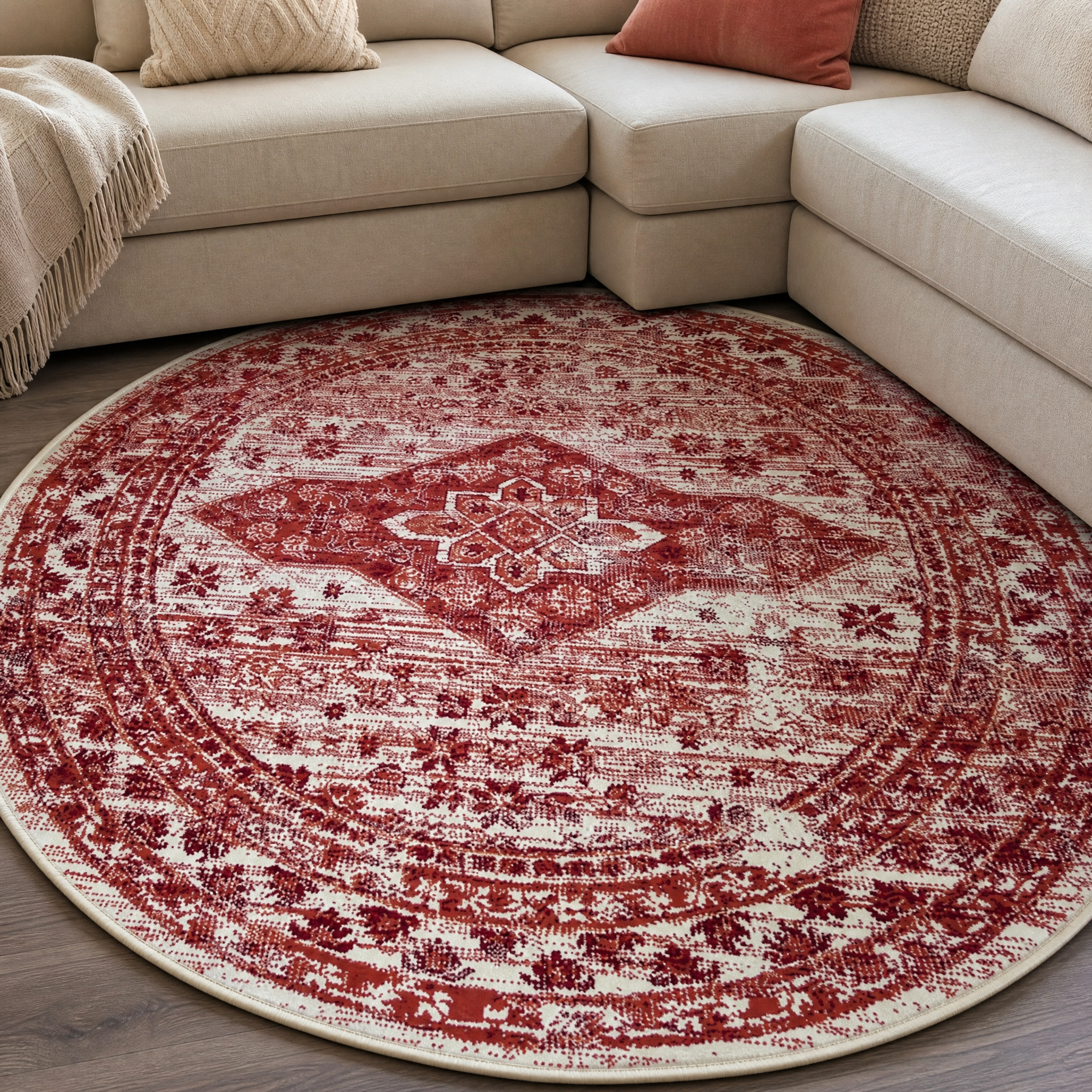 Vintage Rond Vloerkleed Creme Rood Terracotta