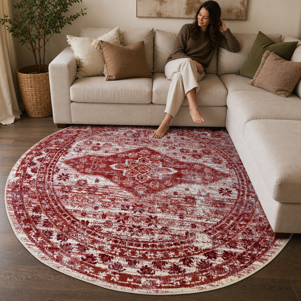 Vintage Rond Vloerkleed Creme Rood Terracotta