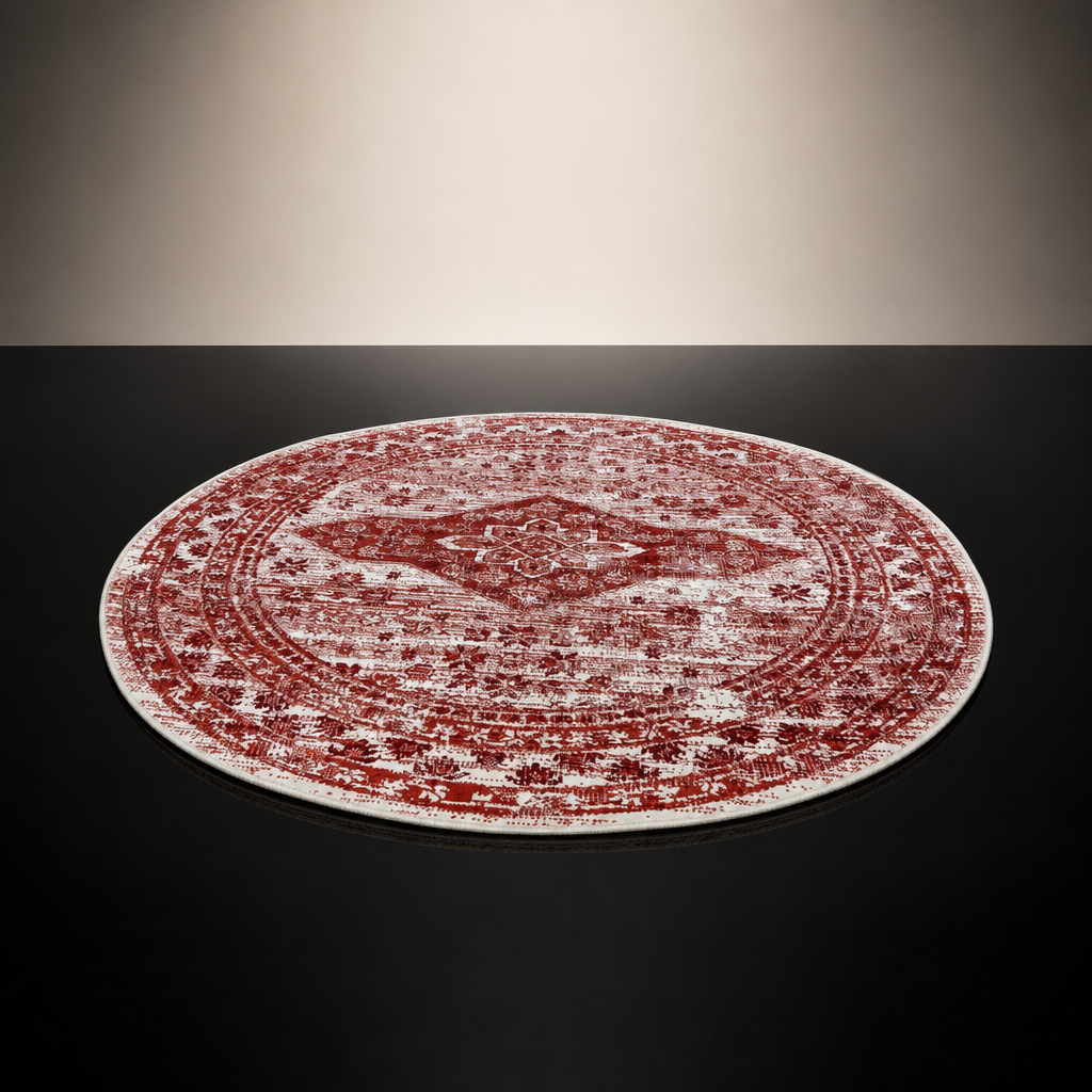Vintage Rond Vloerkleed Creme Rood Terracotta