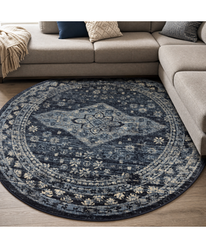 Vintage Rond Vloerkleed Blauw Navy