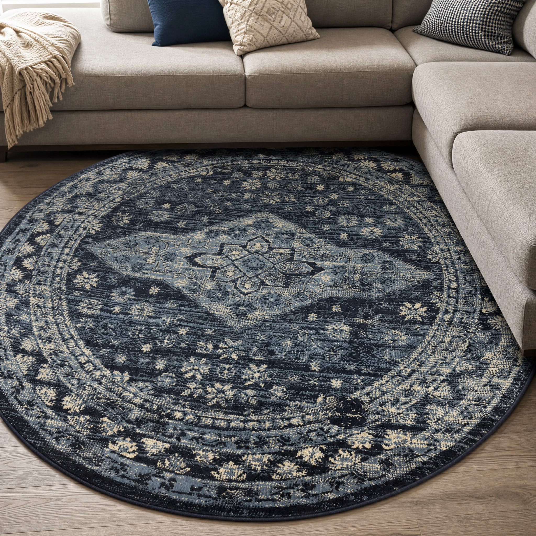 Vintage Rond Vloerkleed Blauw Navy