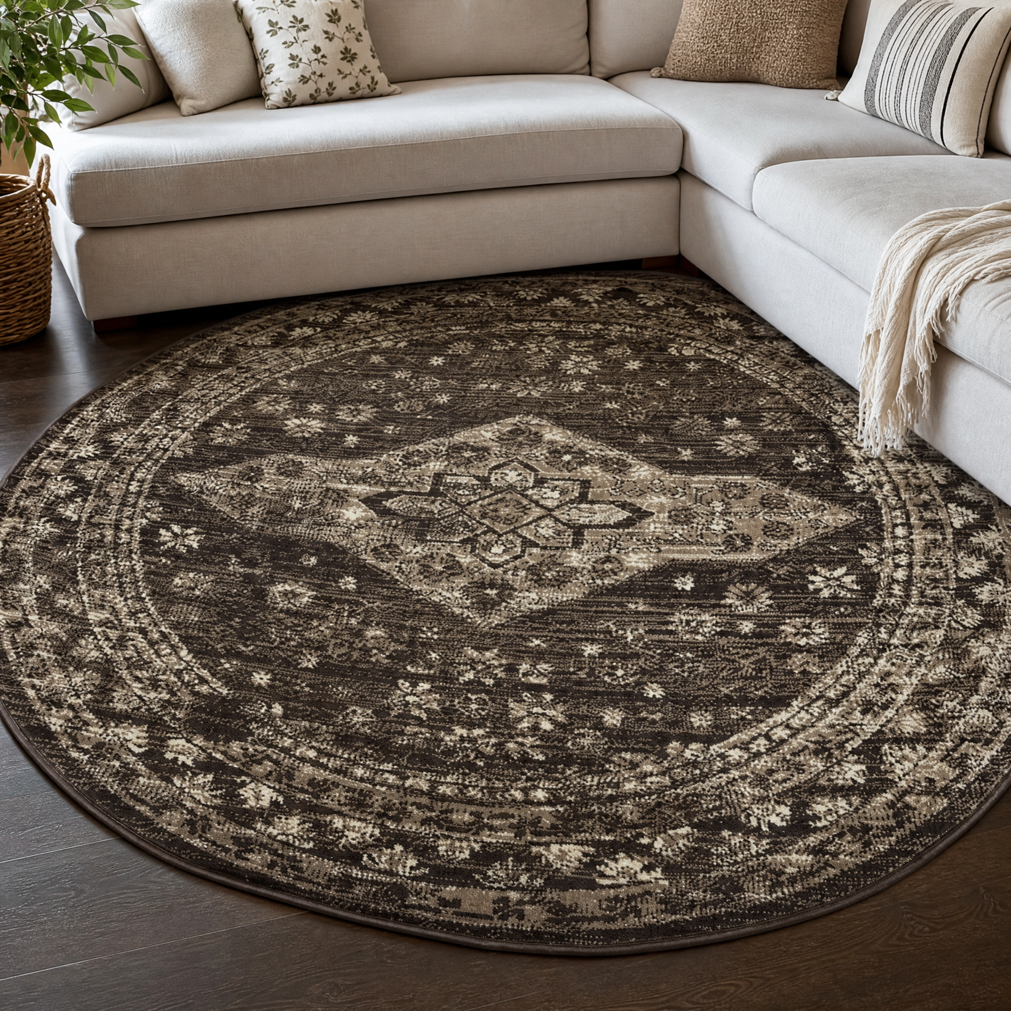 Vintage Rond Vloerkleed Bruin Beige