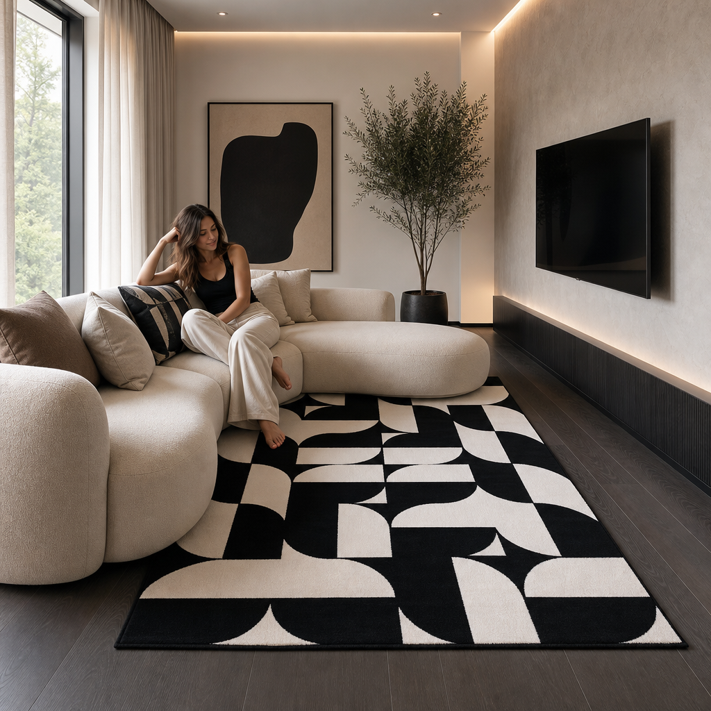 Retro Modern Vloerkleed Zwart Wit