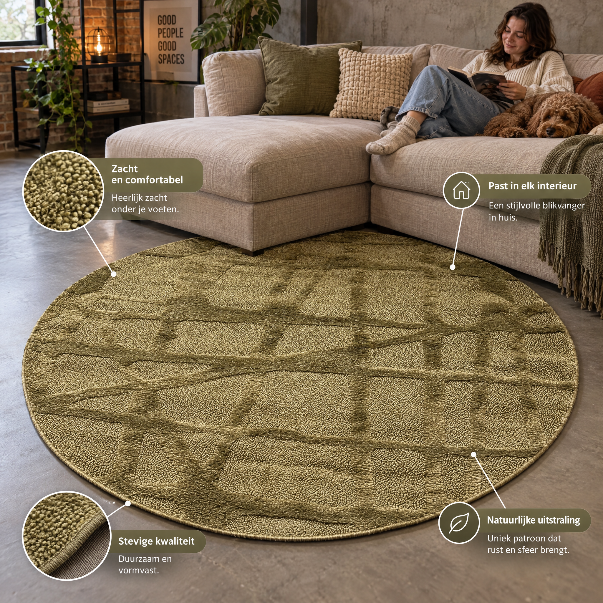Japandi Loft Rond Vloerkleed Groen