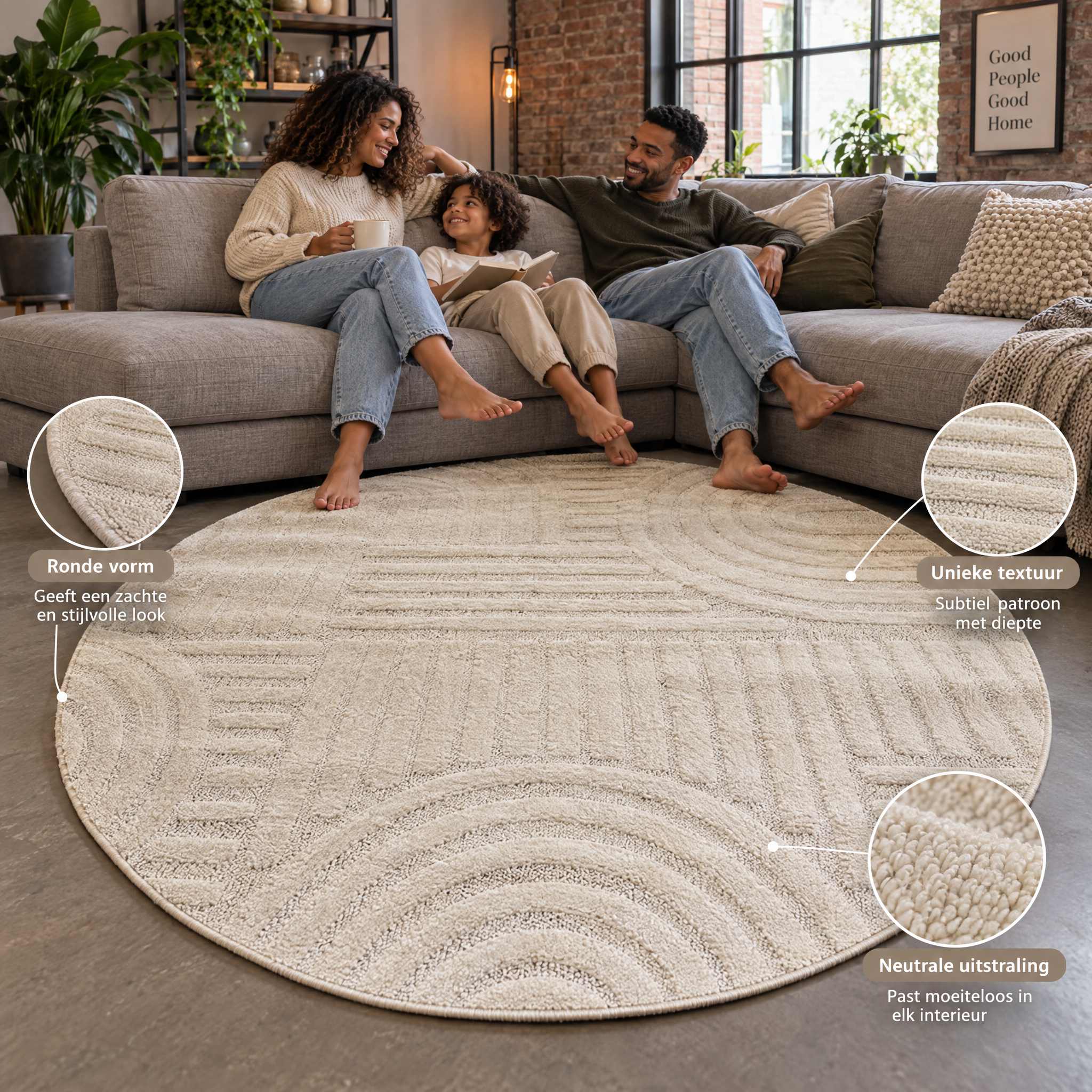 Japandi Loom Rond Vloerkleed Creme