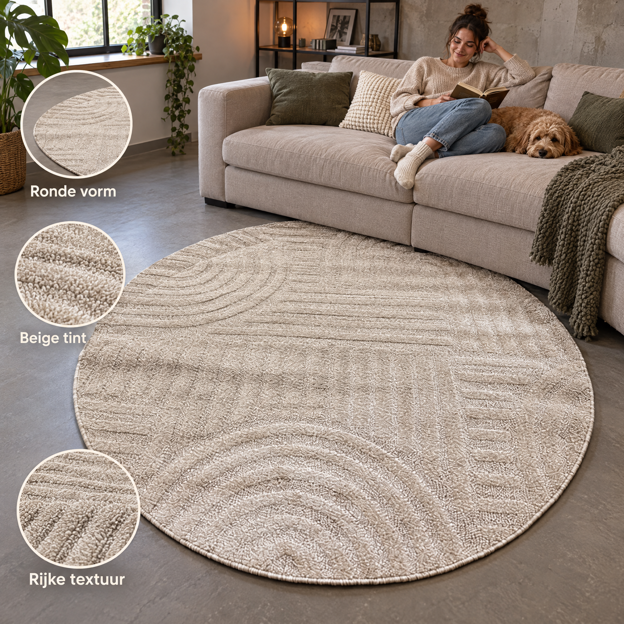 Japandi Loom Rond Vloerkleed Beige
