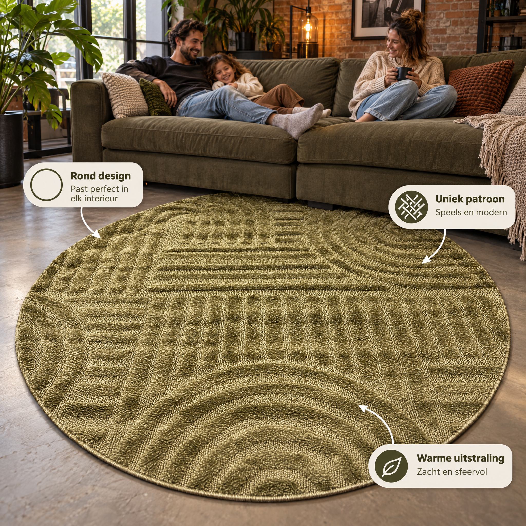 Japandi Loom Rond Vloerkleed Groen