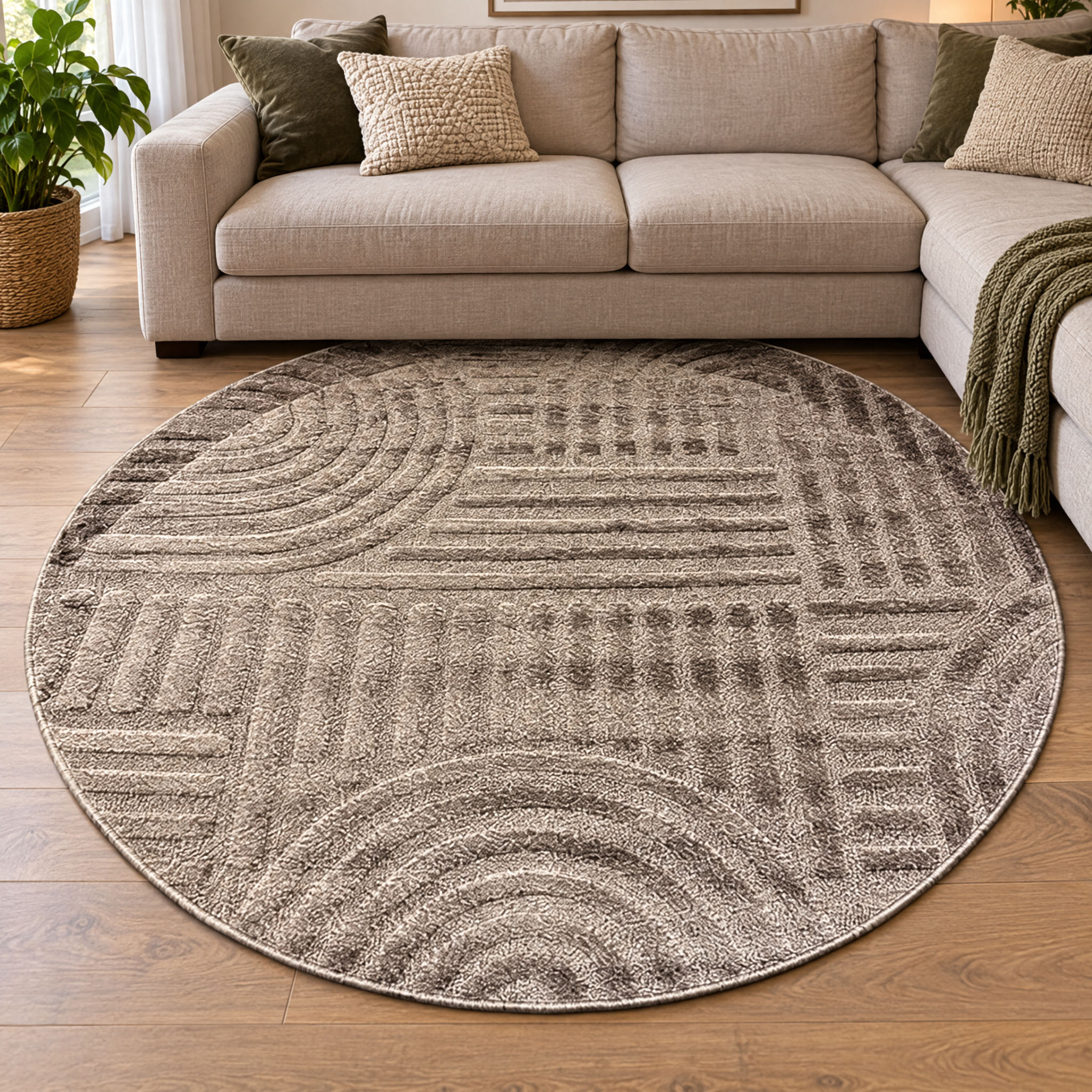 Japandi Loom Rond Vloerkleed Taupe