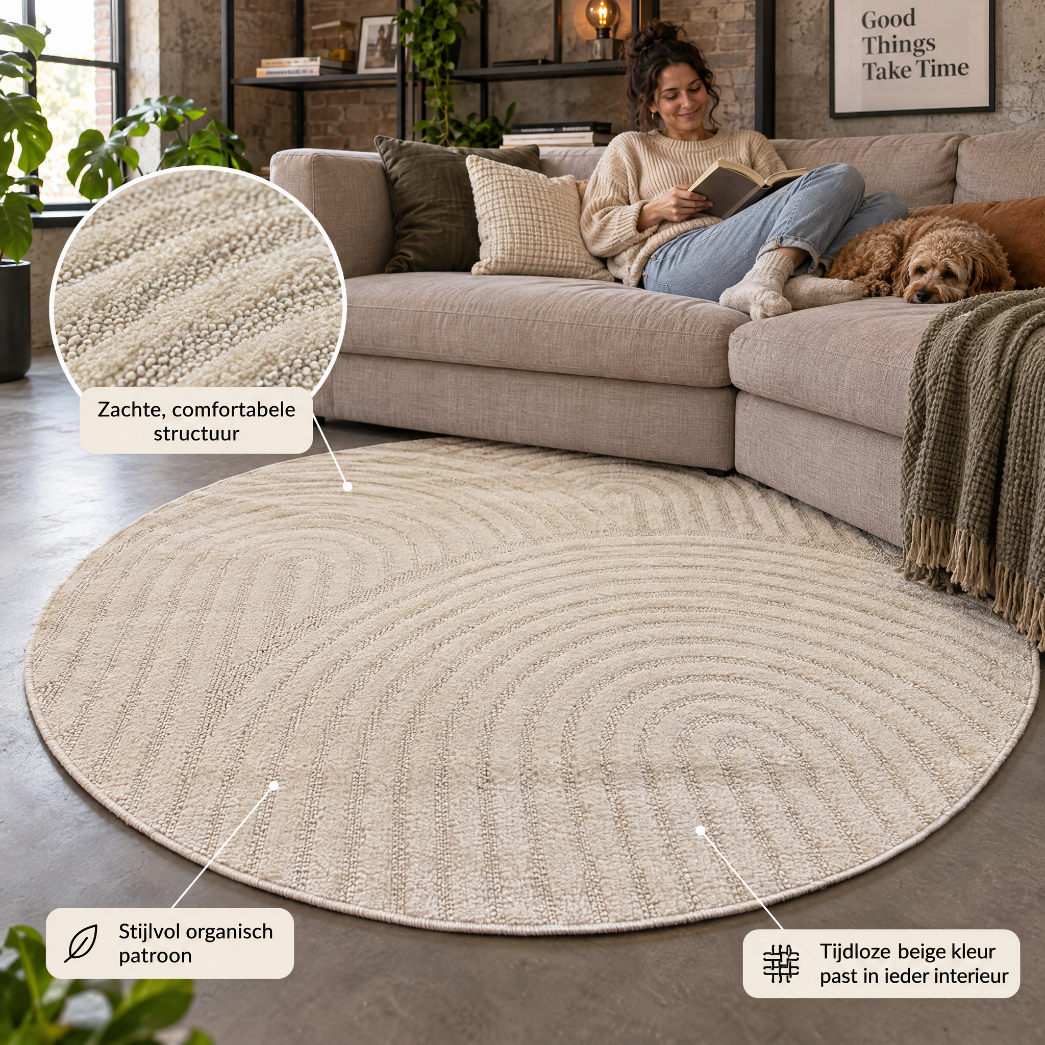 Japandi Loop Rond Vloerkleed Creme