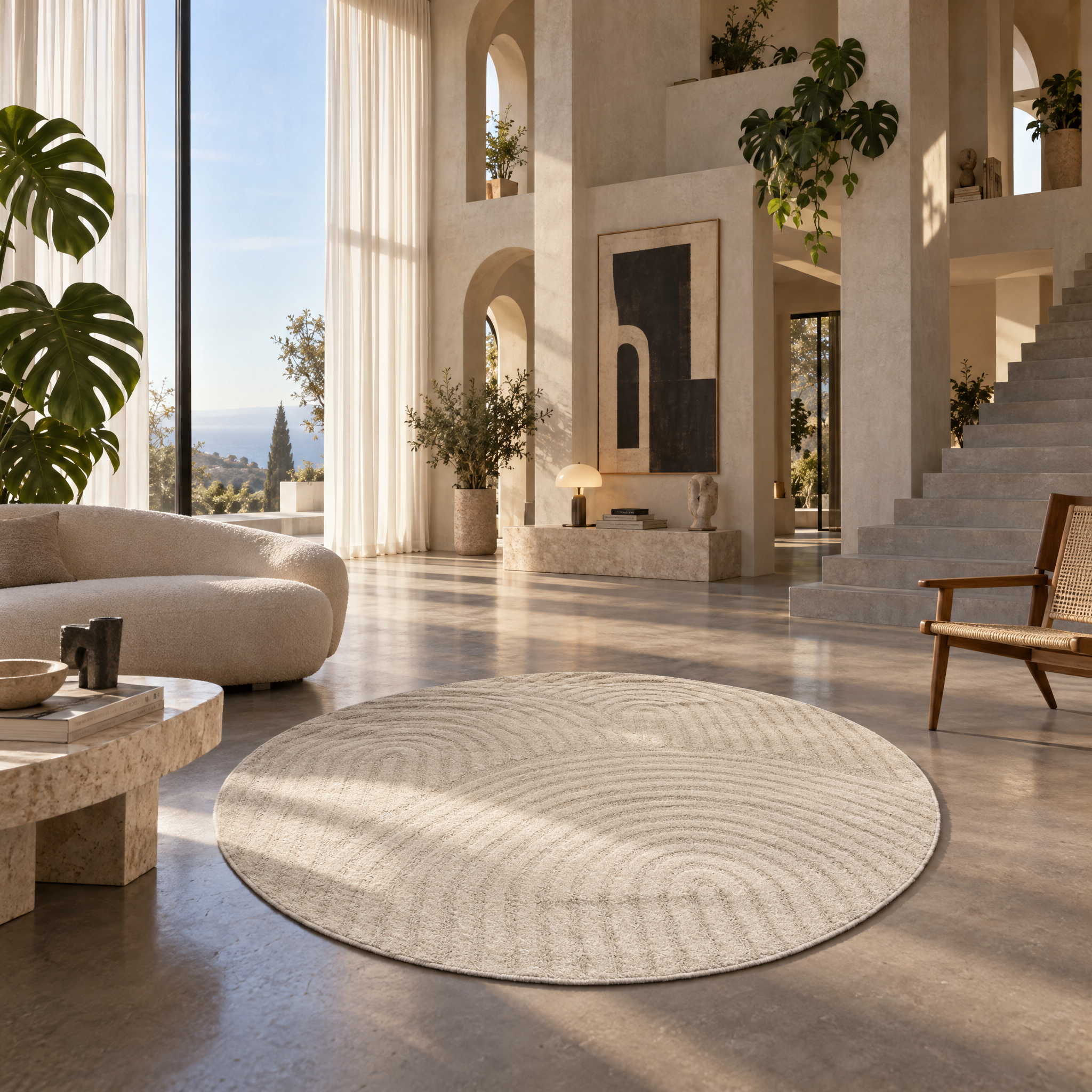 Japandi Loop Rond Vloerkleed Creme