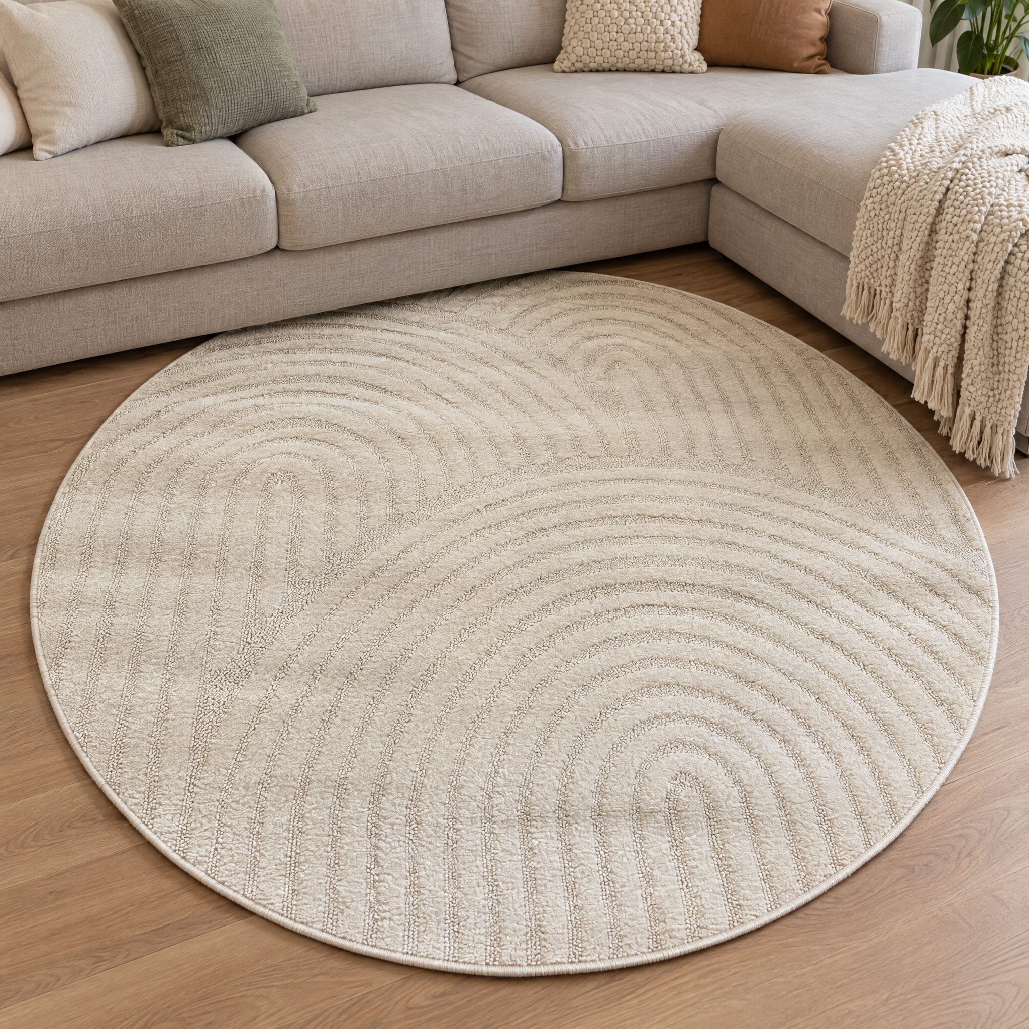 Japandi Loop Rond Vloerkleed Creme