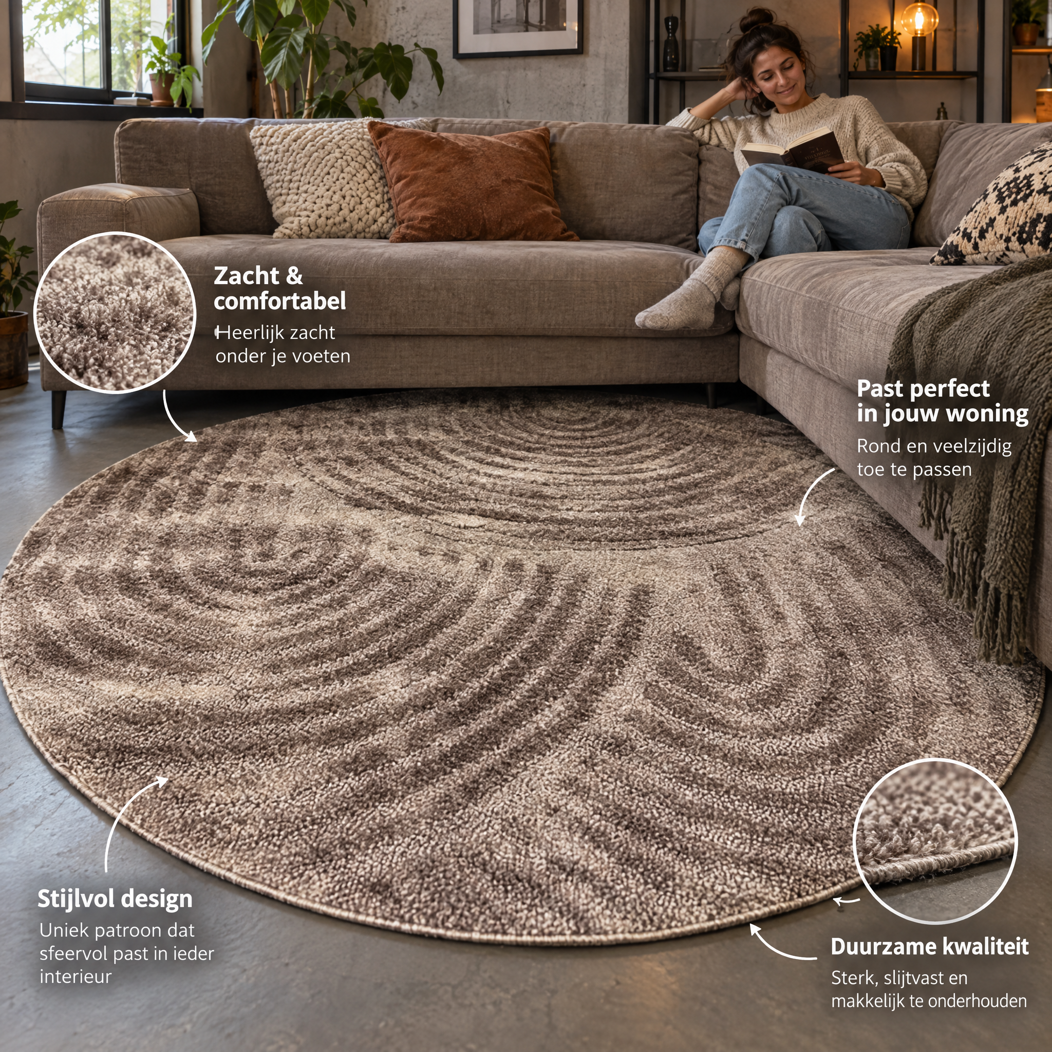 Japandi Loop Rond Vloerkleed Taupe