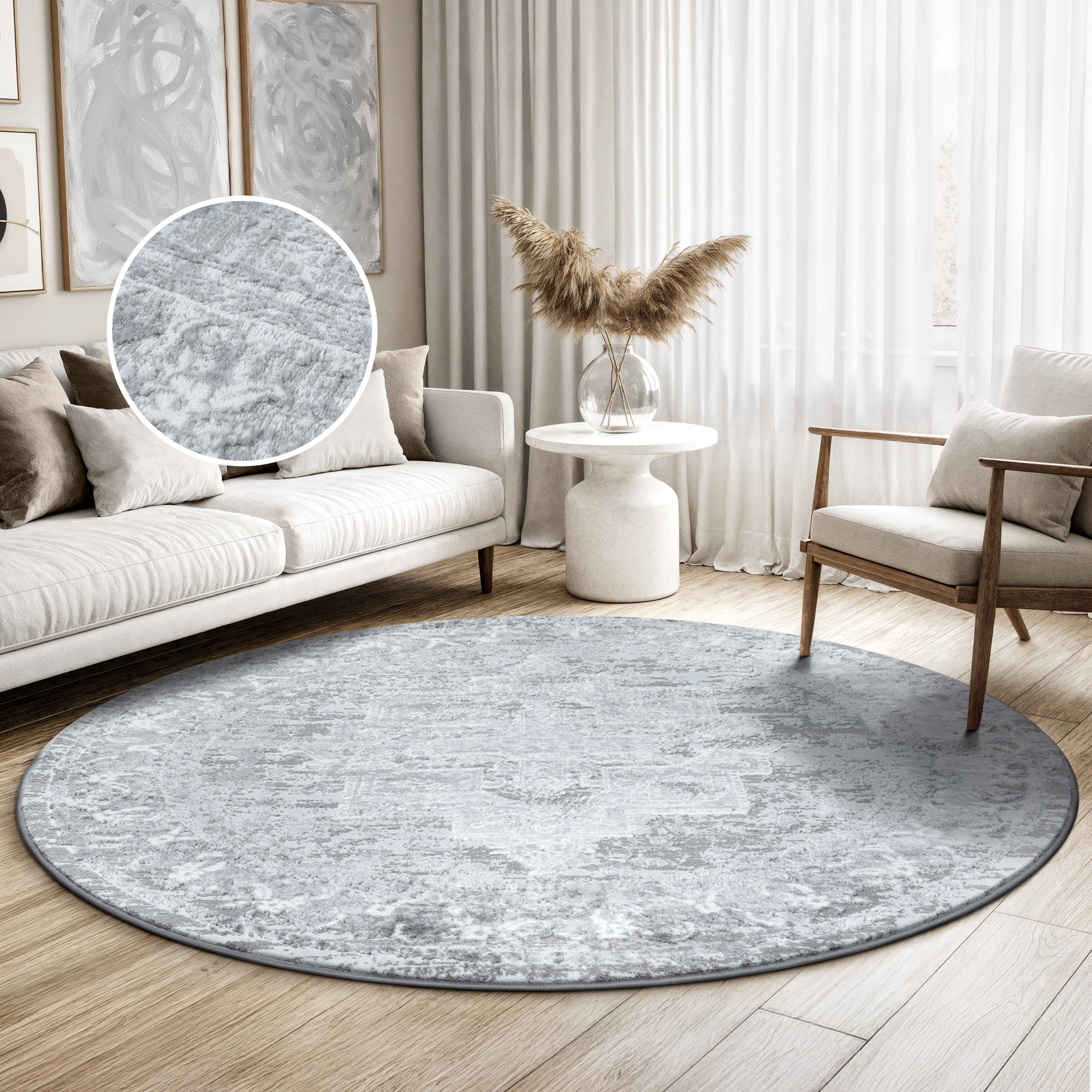 Rond vintage vloerkleed Harmony Lichtgrijs