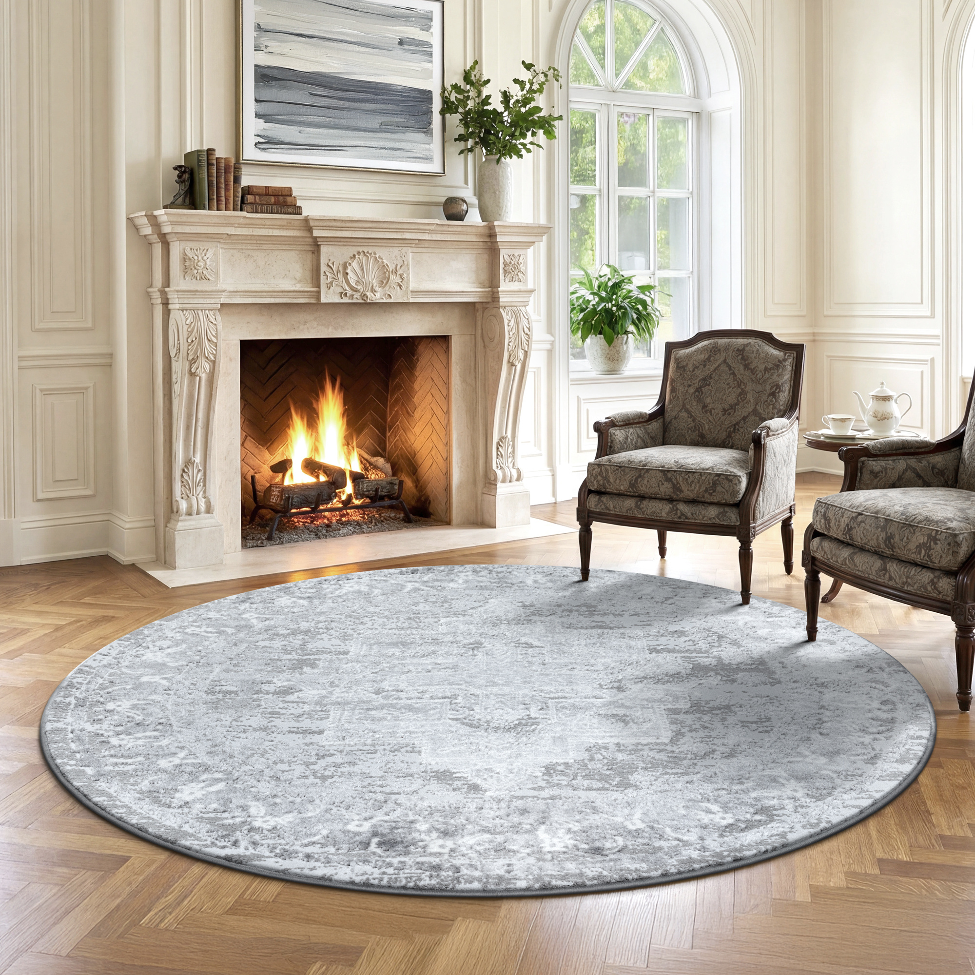 Rond vintage vloerkleed Harmony Lichtgrijs