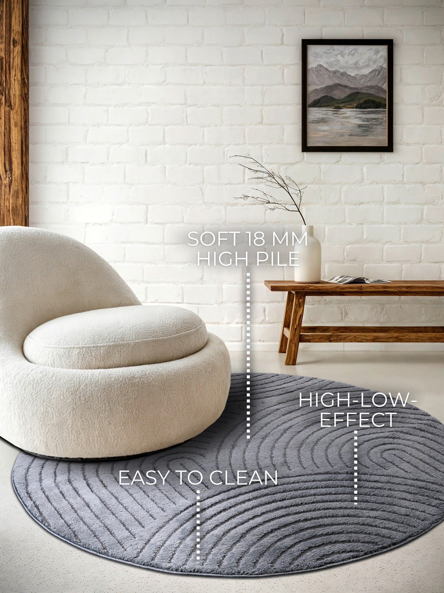 Elle Decoration New York Japandi Rond Vloerkleed Antraciet - 160CM rond