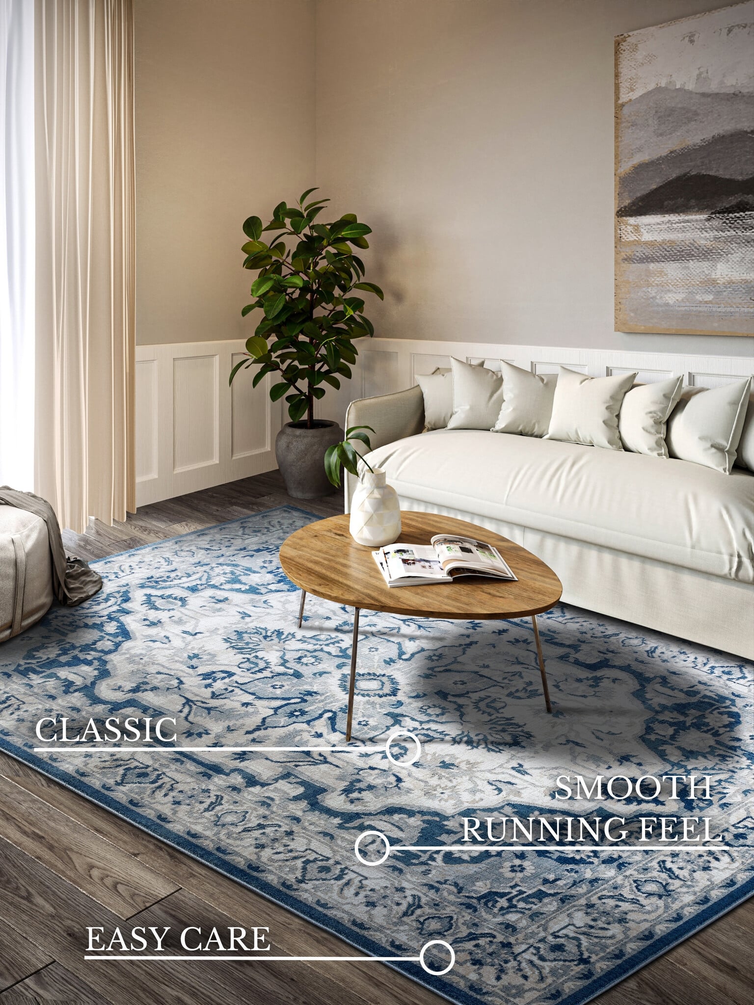 Villeroy & Boch Gabrielle Laagpolig Vintage Vloerkleed Creme Blauw - 80x240CM