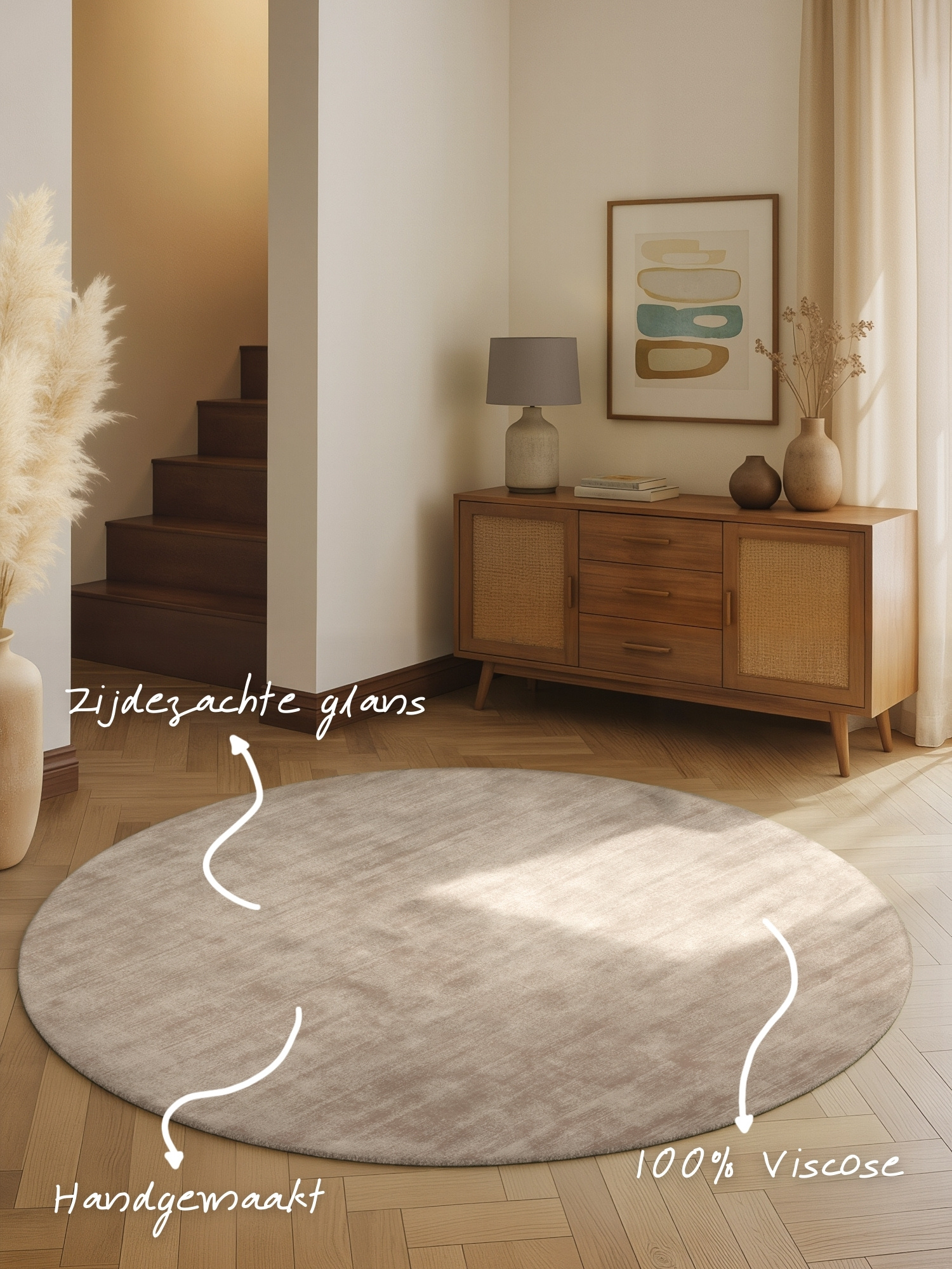 Rond Handgeweven Premium Viscose Vloerkleed Naomi Beige - 120 CM rond
