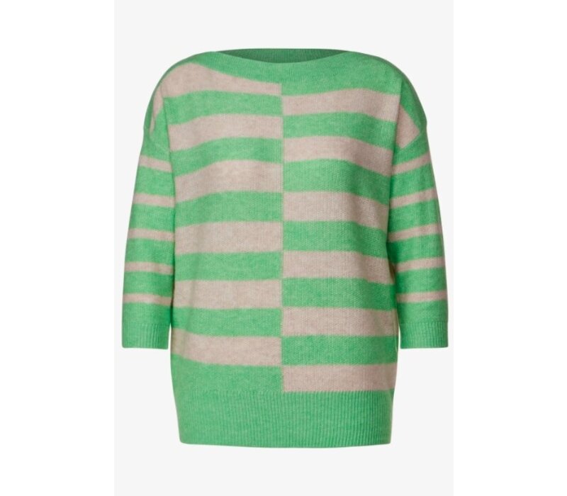 Street One Striped Boothals Sweater Light Spring Green Melange