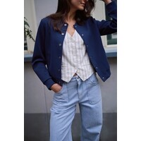 Red Button Waistcoat Cotton Linen Stripe Navy
