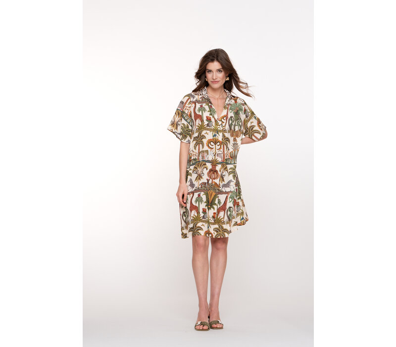 Geisha Dress Animal Jungle Green Off White Brown