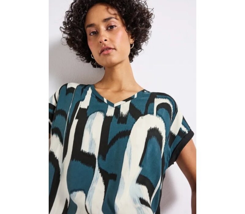 Street One Printed Mat-Mix V-Neck Shirt Tide Blue