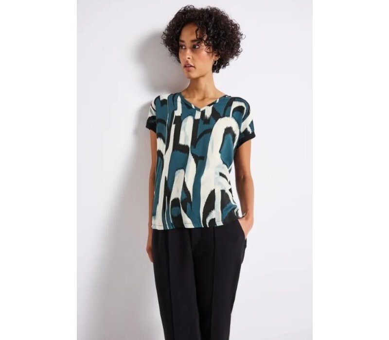 Street One Printed Mat-Mix V-Neck Shirt Tide Blue