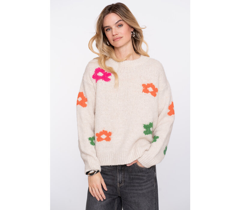 Geisha Pullover Flowers Off White Fuchsia Orange Green