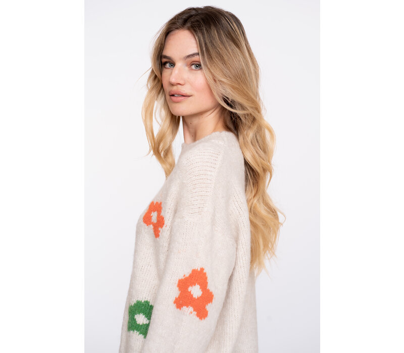 Geisha Pullover Flowers Off White Fuchsia Orange Green