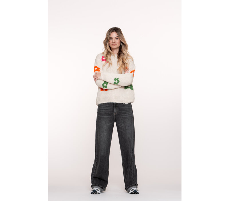 Geisha Pullover Flowers Off White Fuchsia Orange Green