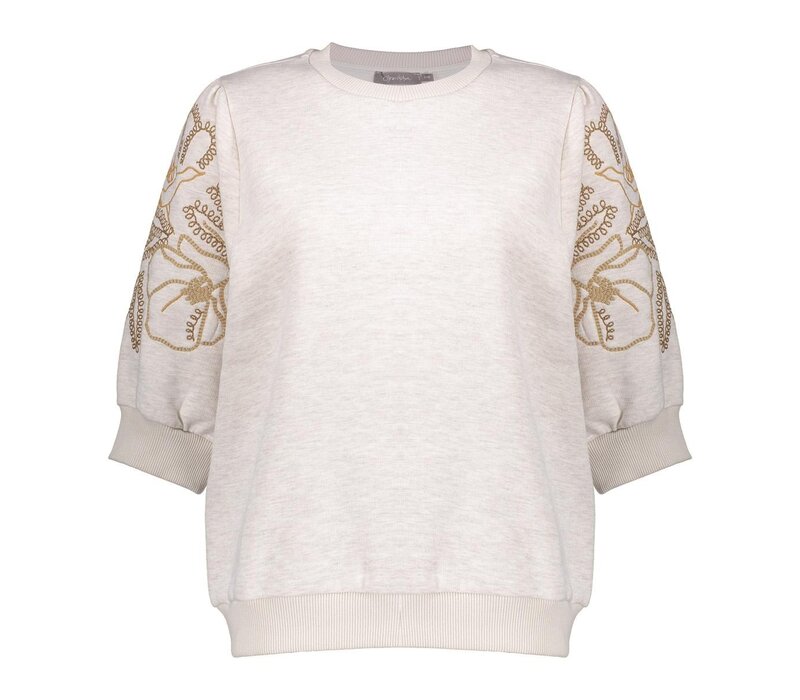 Geisha Sweater Short Sleeve Embroidery Beige Black