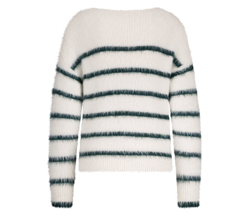 Red Button Fuzzy Sweater & Stripe Ecru Pine