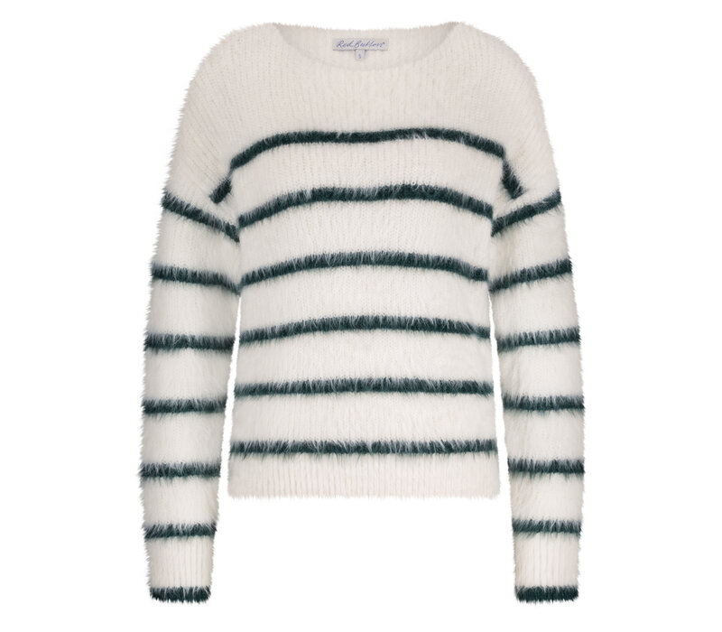 Red Button Fuzzy Sweater & Stripe Ecru Pine