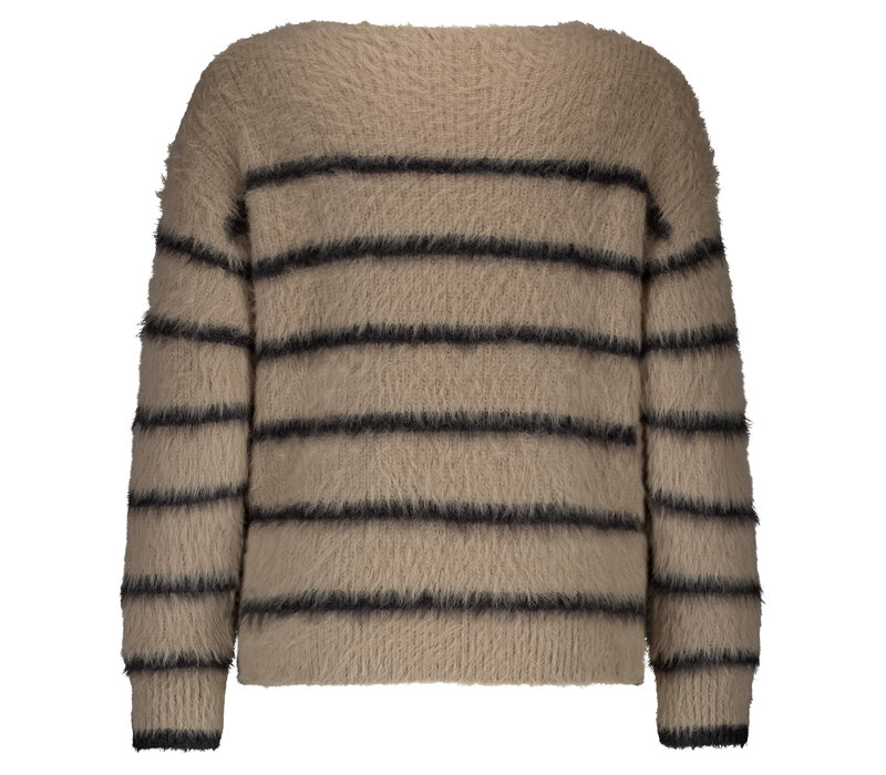 Red Button Fuzzy Sweater & Stripe Latte Black