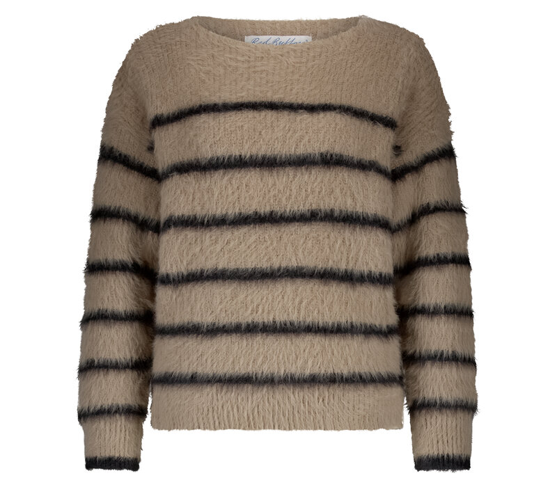 Red Button Fuzzy Sweater & Stripe Latte Black