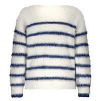 Red Button Fuzzy Sweater & Stripe Ecru Indigo
