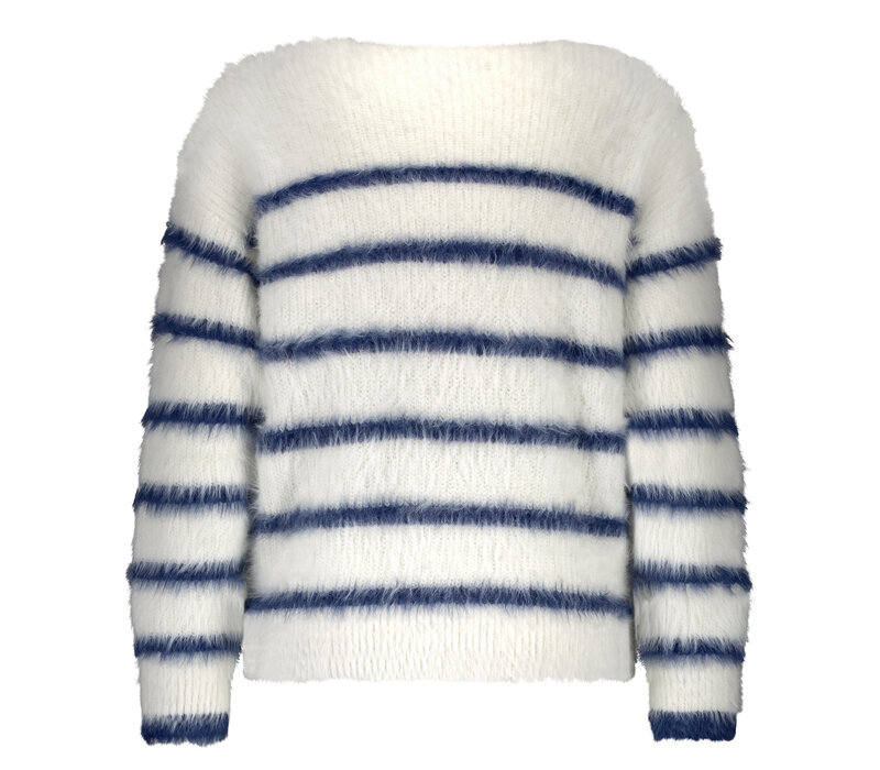 Red Button Fuzzy Sweater & Stripe Ecru Indigo