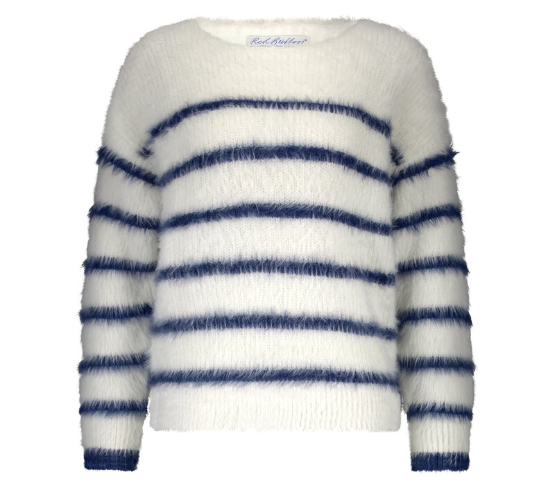 Red Button Fuzzy Sweater & Stripe Ecru Indigo