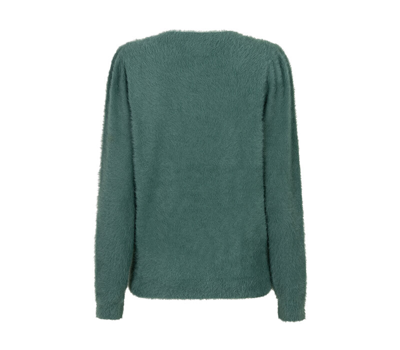 Red Button Fuzzy Puff Sleeve Pine