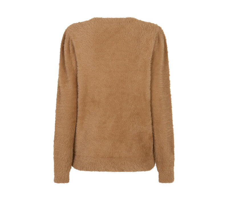Red Button Fuzzy Puff Sleeve Almond