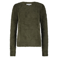 Red Button Fuzzy Puff Sleeve Olive
